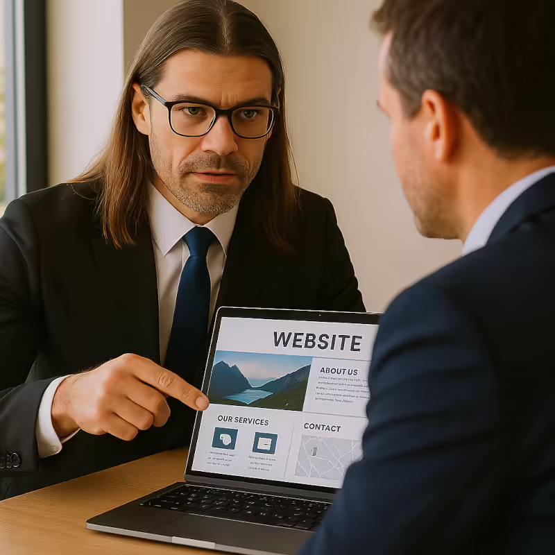 Steve is seated at a meeting table engaged in discussion with a client. The room is well-lit with large windows and modern office furniture. The atmosphere appears professional and collaborative.